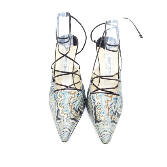 Jimmy Choo Jade Paisley Lace-Up Heels Brown Blue Leather Sole EUR 40 US 10 - Picture 3 of 9